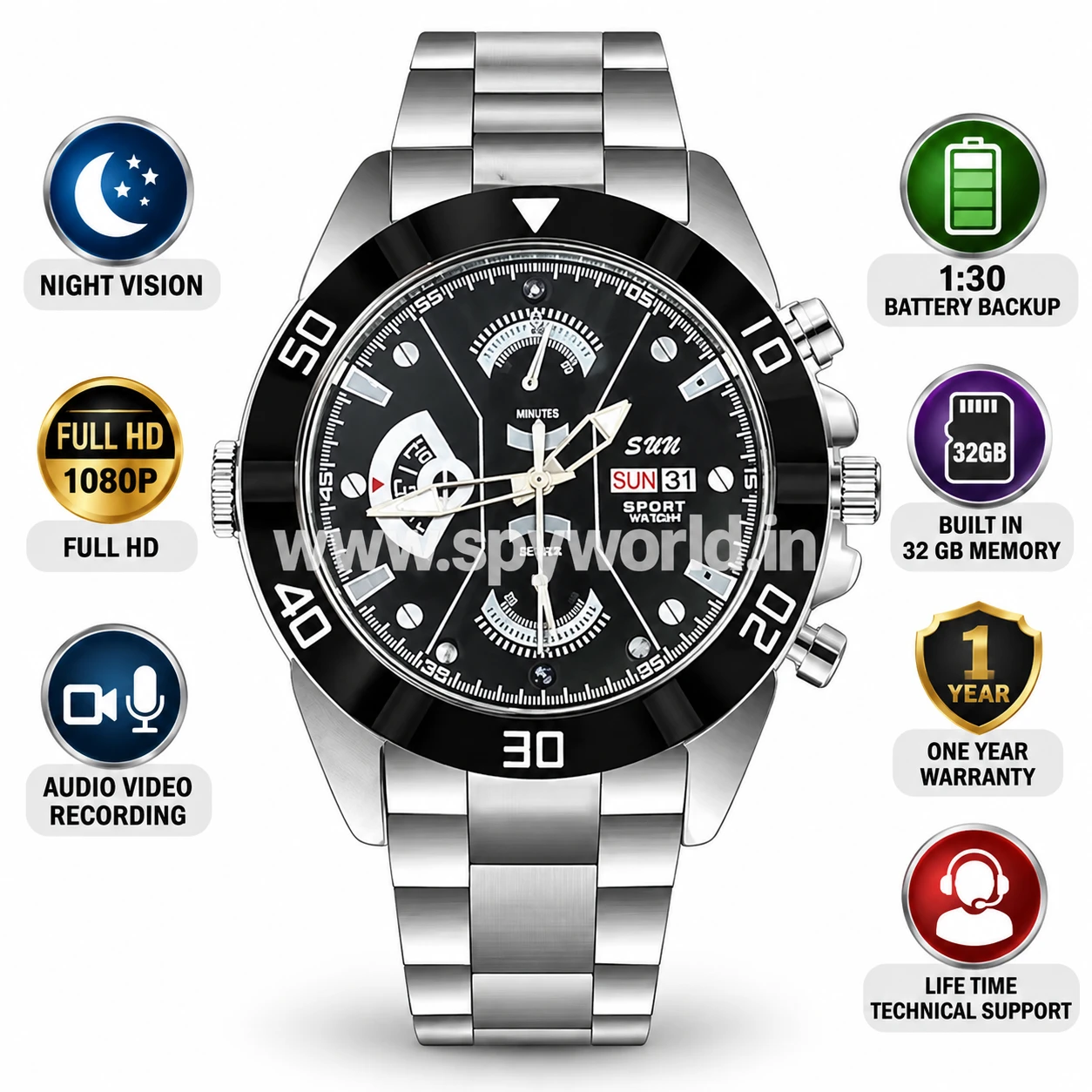 1080P Full HD Wrist Watch Spy Camera In build 32GB Memory with Audio Video Recording, Night Vision & Functional Time Display