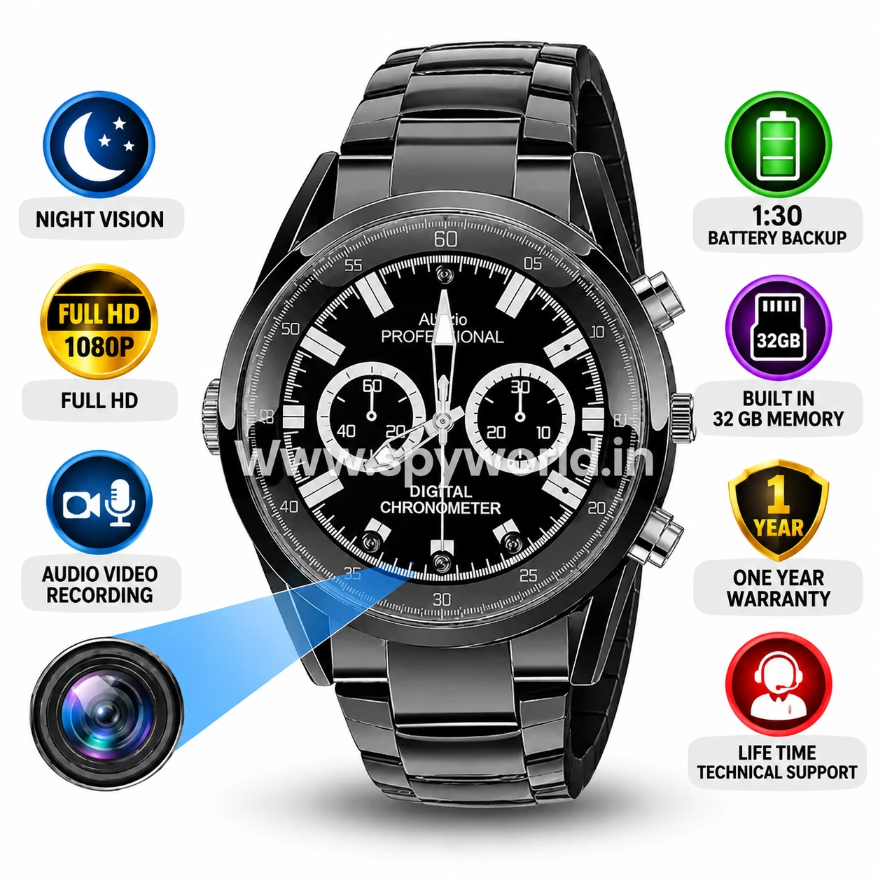 1080P Full HD Wrist Watch Spy Camera Built In 32GB Memory  with Audio Video Recording, Night Vision Wrist Watch Camera Slim Design